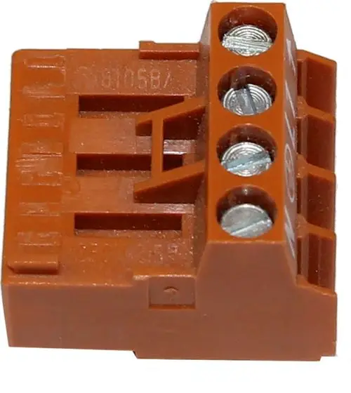 Gegenstecker für Raumthermostat in brauner Farbe, mit mehreren Anschlussklemmen, hergestellt von Wolf. Er dient zur Verbindung von Thermostat und Heizsystem.